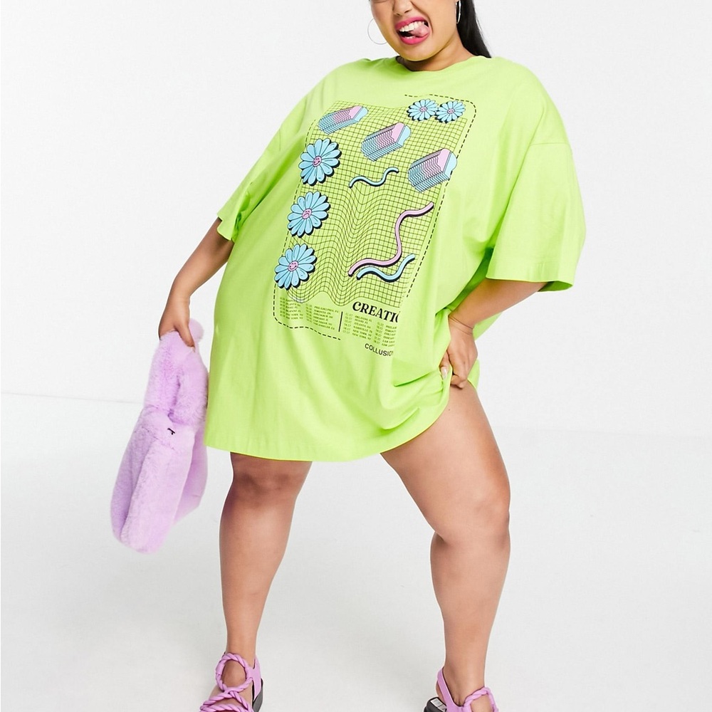 COLLUSION Plus exclusive flower graphic t-shirt dress in lime